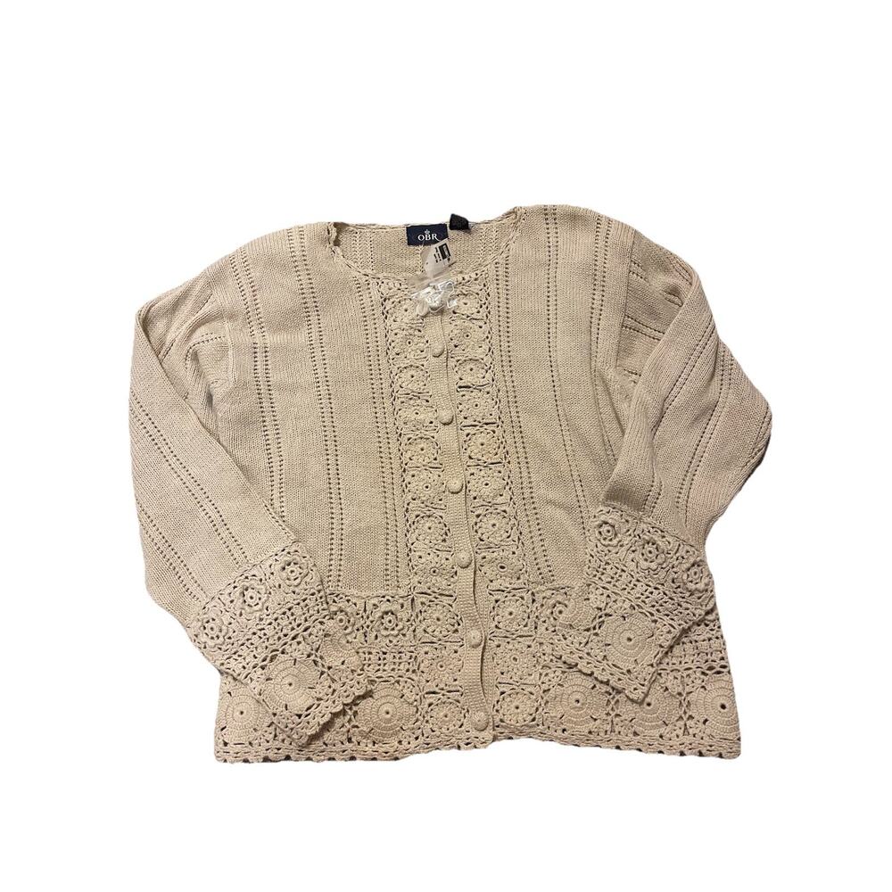 VTG OBR Cottagecore Macrame Crochet Cardigan Sweater Covered Buttons Deadstock L